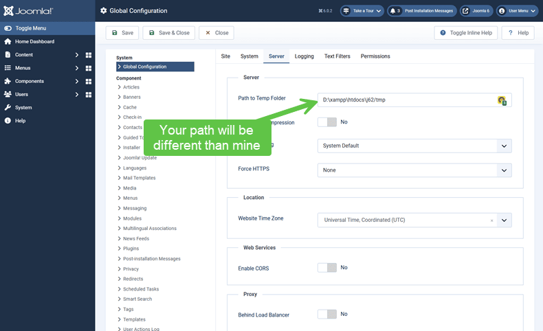 screenshot of the Joomla global configuration home