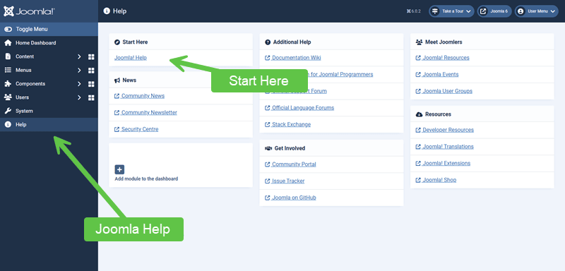 screenshot of the built-in Joomla help system