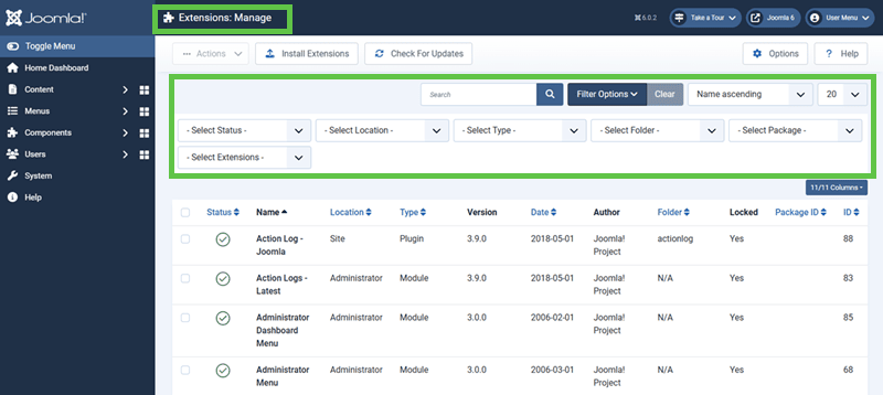 screenshot showing the extensions manage screen along with the filter
