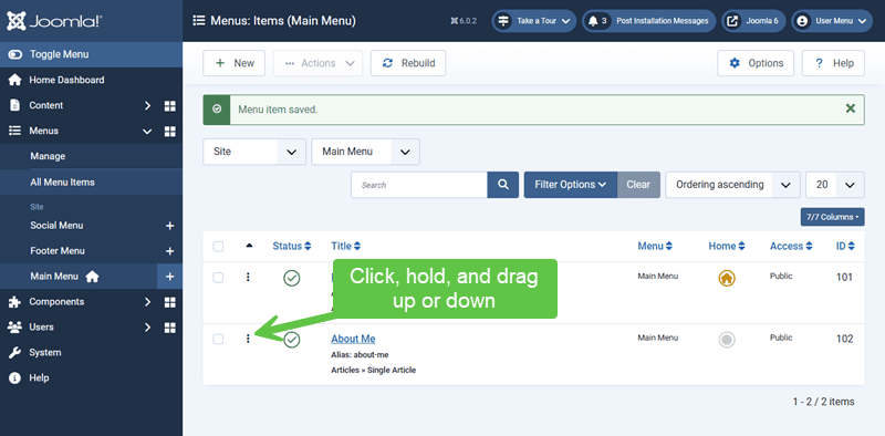 Screenshot showing the drag and drop feature for menu item ordering
