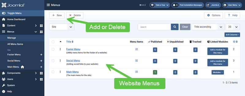 Screenshot showing the Joomla Menu Manager with example menus