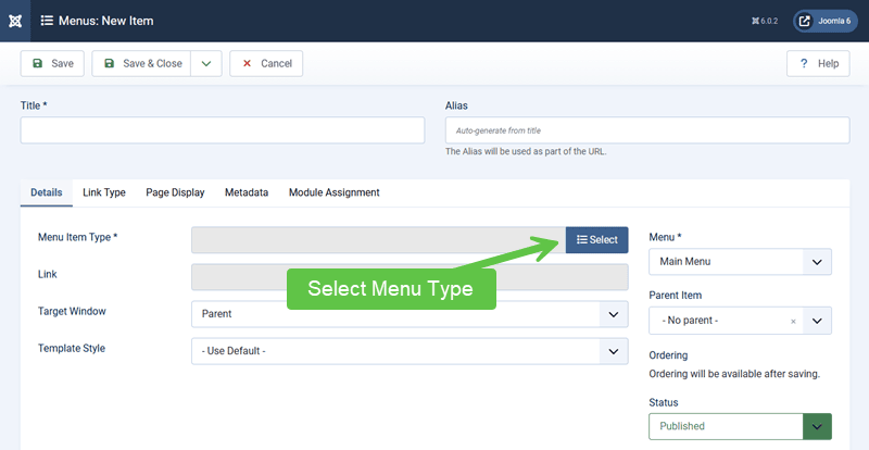Screenshot showing the menu item button to choose type