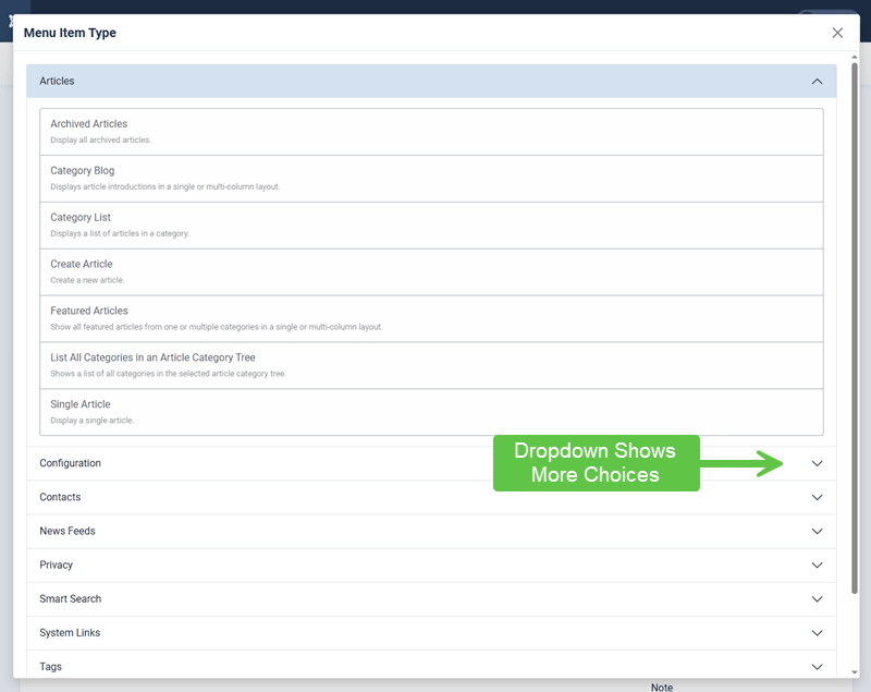 Screenshot showing all the available menu item types to choose from