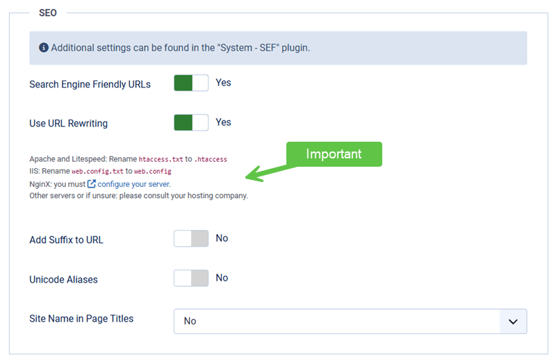 Screenshot showing the SEO settings for Joomla