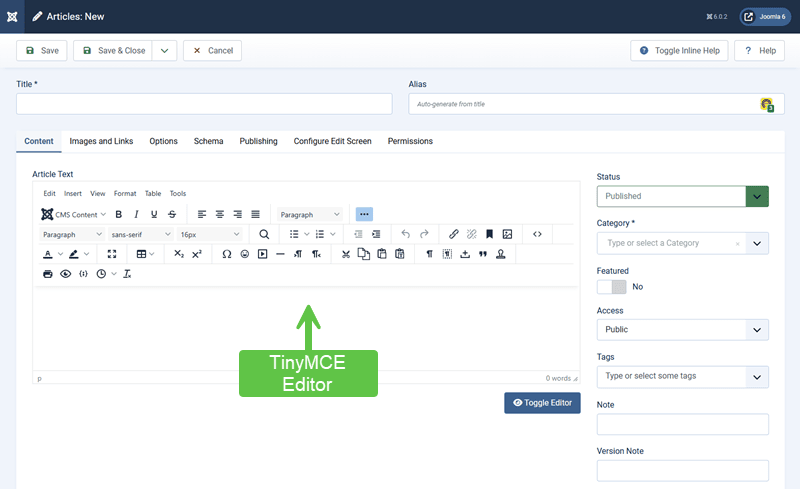 Screenshot showing the default Joomla TinyMCE editor