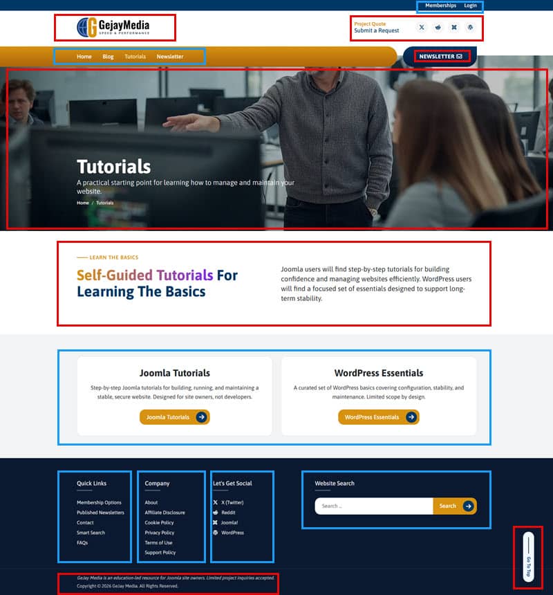 screenshot showing what elements are loaded with the Joomla template for this website