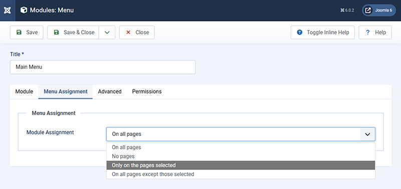 screenshot showing how a menu module can be assigned to a menu item