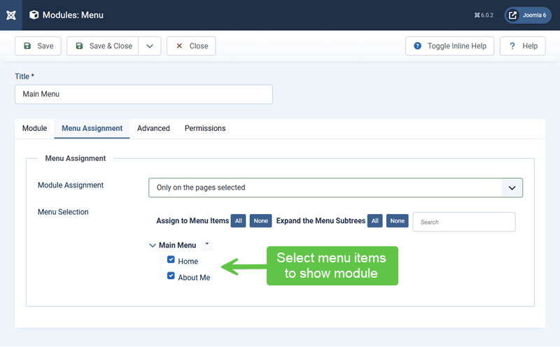Screenshot showing how to assign a menu module to a specific menu item