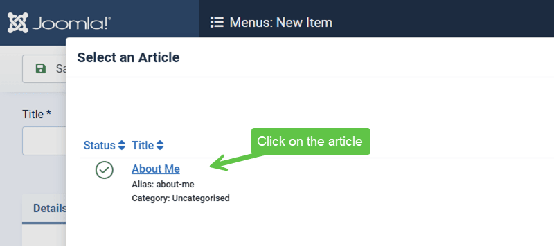 Screenshot showing the popup window to choose an article for your menu item