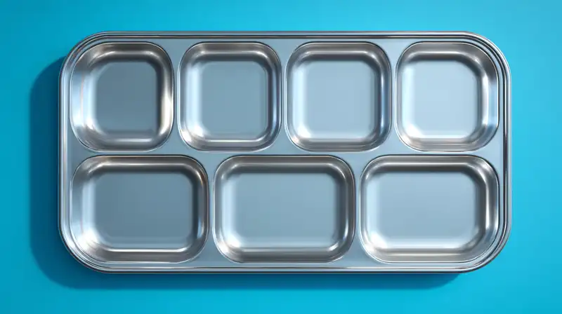 A photo of an aluminum TV dinner tray representing module layouts in a template
