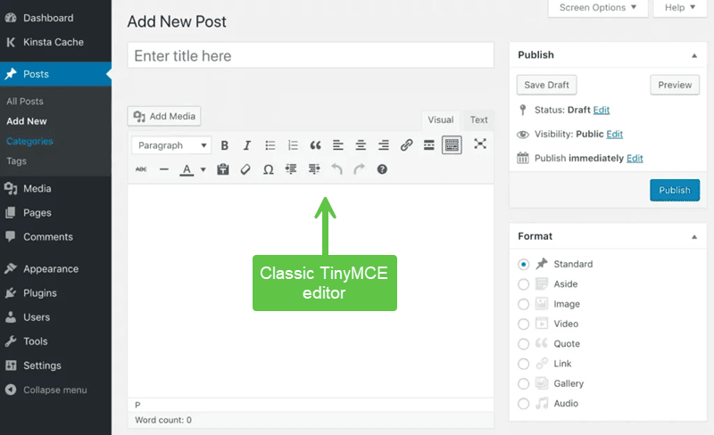 Screenshot showing the older WordPress classic editor