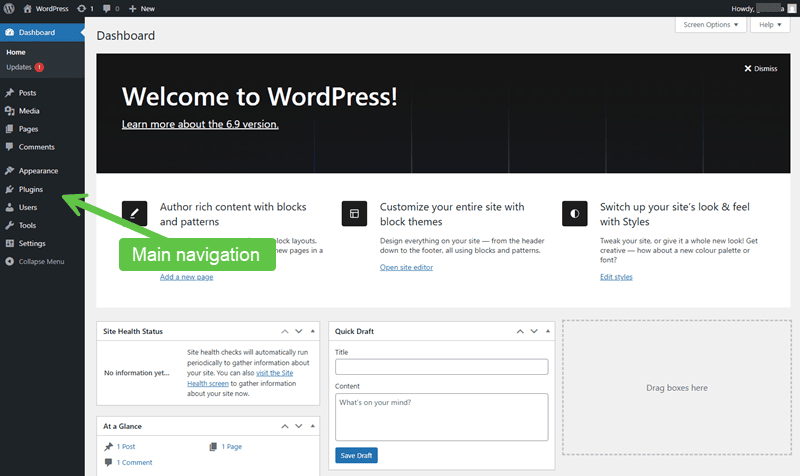 Screenshot showing the WordPress admin menu section