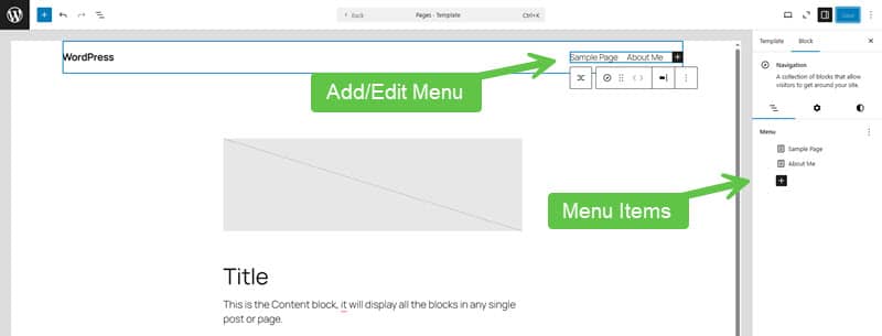 screenshot showing how the new WordPress menu is managed as a block element