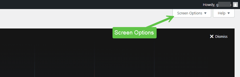 Screenshot showing the WordPress screen options button