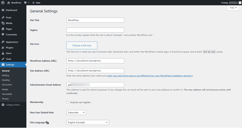 Screenshot showing WordPress settings
