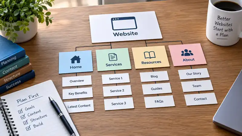 Website content structure being planned with cards arranged into a site hierarchy
